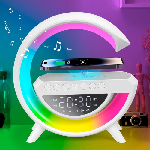LED Wireless Charging Bluetooth Speaker, Bedside Phone Charging Station with RGB Lights, Bluetooth Audio, Alarm Clock