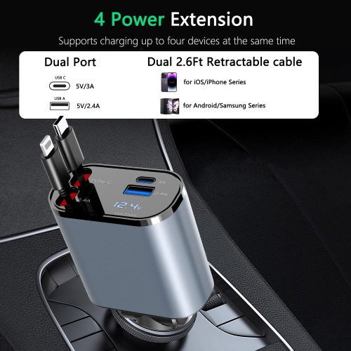 Chargeur rétractable 4 en 1 pour l'auto, chargeur USB-C pour l'auto 100&nbsp;W avec deux câbles rétractables, deux ports USB, écran de tension pour