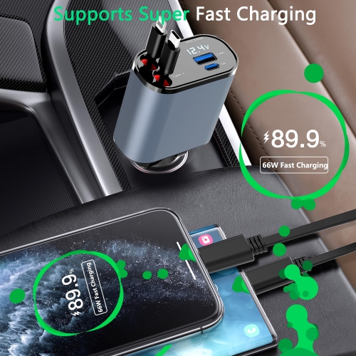 Chargeur rétractable 4 en 1 pour l'auto, chargeur USB-C pour l'auto 100&nbsp;W avec deux câbles rétractables, deux ports USB, écran de tension pour