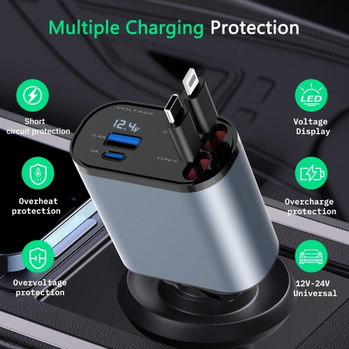 Chargeur rétractable 4 en 1 pour l'auto, chargeur USB-C pour l'auto 100&nbsp;W avec deux câbles rétractables, deux ports USB, écran de tension pour