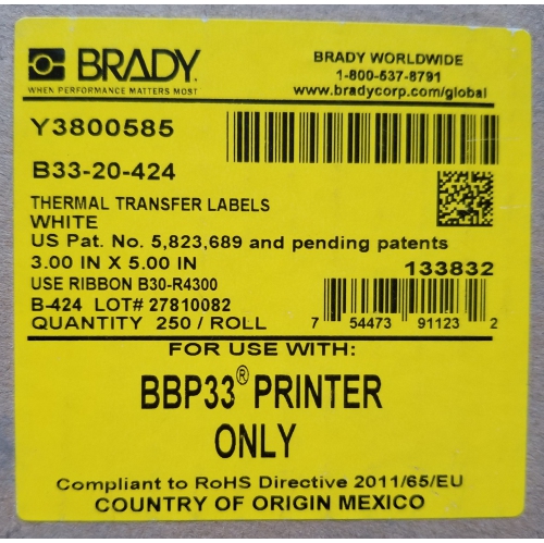 Brady B33-20-424 Thermal Transfer Labels White