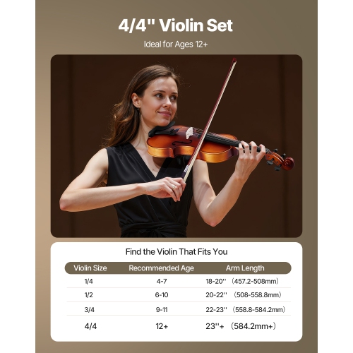 Violon pleine grandeur VEVOR 4/4 pour adultes, ensemble de violon pour étudiant débutant avec étui rigide, rosine, boucle, épaulement, pont, cordes