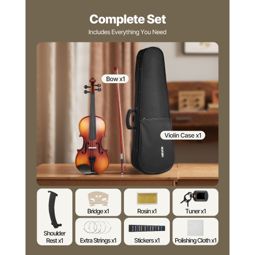 Violon pleine grandeur VEVOR 4/4 pour adultes, ensemble de violon pour étudiant débutant avec étui rigide, rosine, boucle, épaulement, pont, cordes