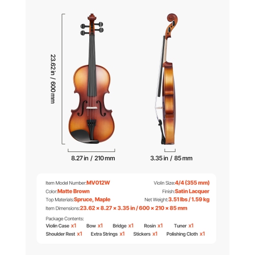 Violon pleine grandeur VEVOR 4/4 pour adultes, ensemble de violon pour étudiant débutant avec étui rigide, rosine, boucle, épaulement, pont, cordes
