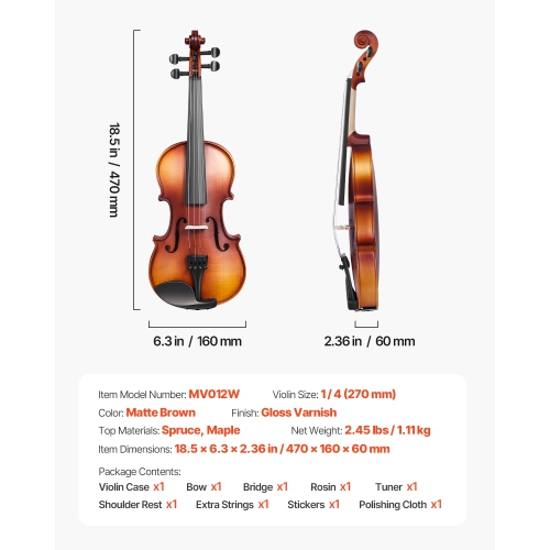 VEVOR 1/4 Size Violin for Adults, Violin Fiddle Set for Beginners Student with Hard Case, Rosin, Bow, Shoulder Rest,Bridge,Tuner and Extra
