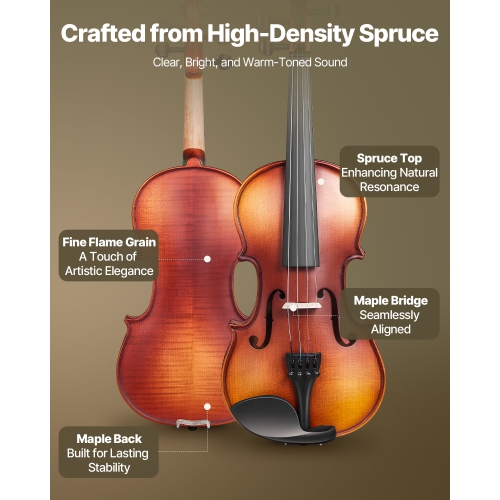 Violon pleine grandeur VEVOR 4/4 pour adultes, ensemble de violon pour étudiant débutant avec étui rigide, rosine, boucle, épaulement, pont, cordes