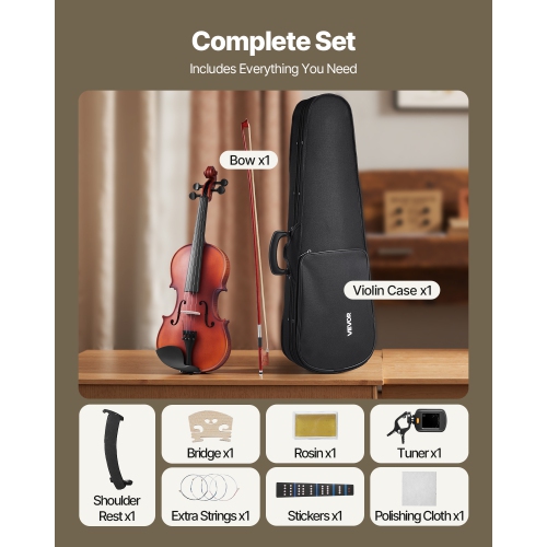 Violon pleine grandeur VEVOR 4/4 pour adultes, ensemble de violon pour étudiant débutant avec étui rigide, rosine, boucle, épaulement, pont, cordes