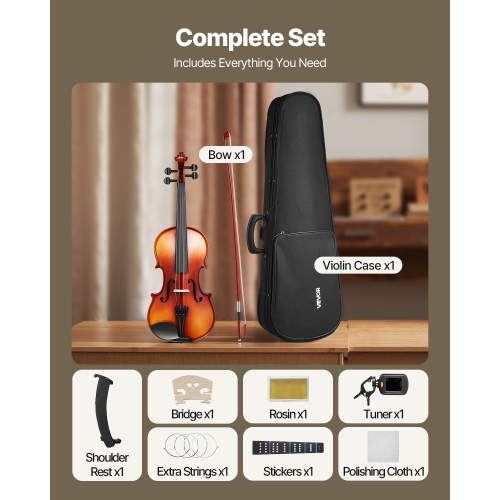 Violon pleine grandeur VEVOR 4/4 pour adultes, ensemble de violon pour étudiant débutant avec étui rigide, Rosin, boucle, épaulement, pont, cordes