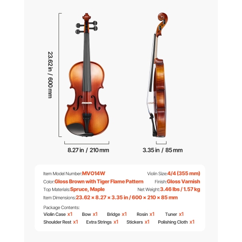 Violon pleine grandeur VEVOR 4/4 pour adultes, ensemble de violon pour étudiant débutant avec étui rigide, Rosin, boucle, épaulement, pont, cordes
