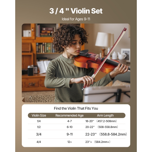 VEVOR 3/4 Size Violin for Adults, Violin Fiddle Set for Beginners Student with Hard Case, Rosin, Bow, Shoulder Rest,Bridge,Tuner and Extra