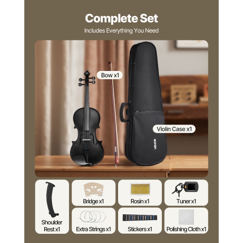 VEVOR 4/4 Full Size Violin for Adults, Violin Fiddle Set for Beginners with Hard Case, Rosin, Bow, Shoulder Rest, Bridge, Tuner and Extra Strings,