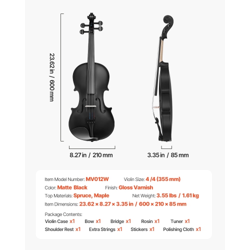 VEVOR 4/4 Full Size Violin for Adults, Violin Fiddle Set for Beginners with Hard Case, Rosin, Bow, Shoulder Rest, Bridge, Tuner and Extra Strings,