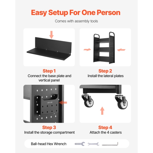 Chariot à livres à roulettes pour bibliothèque VEVOR 330&nbsp;lb, chariot de bibliothèque 30,3 x 15 x 48,0&nbsp;po, tablettes en V à un côté avec