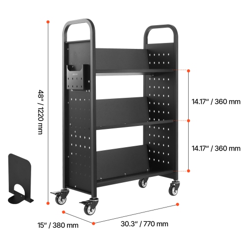 Chariot à livres à roulettes pour bibliothèque VEVOR 330&nbsp;lb, chariot de bibliothèque 30,3 x 15 x 48,0&nbsp;po, tablettes en V à un côté avec