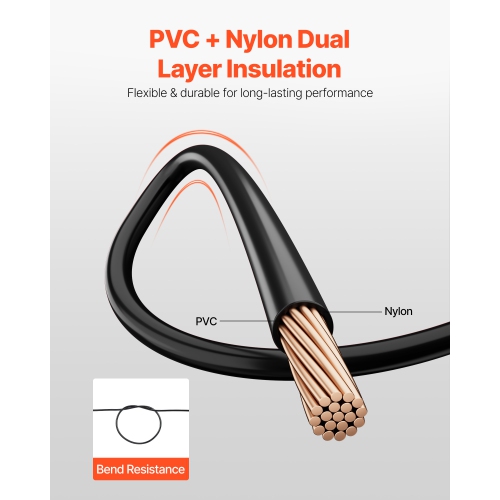 VEVOR 4 AWG THHN Wire, 19-Stranded, 100% OFC Copper Electrical Building Wire with Nylon Jacket, Rated for Up to 600 Volts, for Indoor & Outdoor Use,