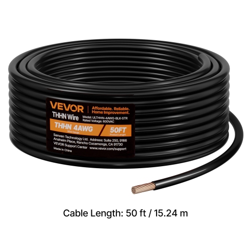 VEVOR 4 AWG THHN Wire, 19-Stranded, 100% OFC Copper Electrical Building Wire with Nylon Jacket, Rated for Up to 600 Volts, for Indoor & Outdoor Use,