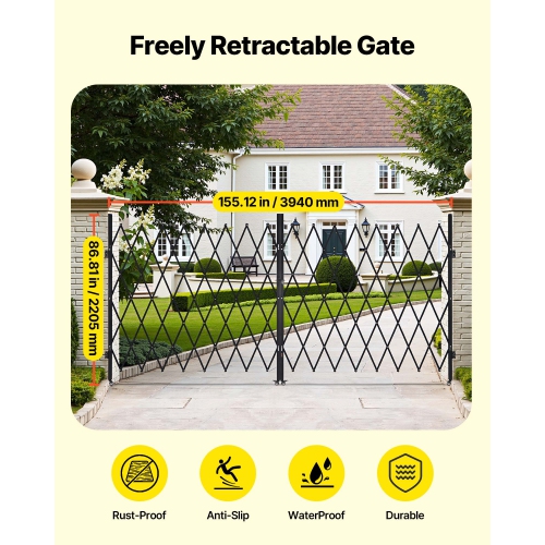 VEVOR 155.12 x 86.81 in Double Folding Security Gate, Lockable Scissor Gate with 360° Swivel Casters, Outdoor Barricade Steel Retractable Gates, for