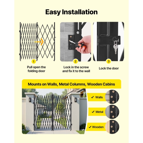 VEVOR 155.12 x 86.81 in Double Folding Security Gate, Lockable Scissor Gate with 360° Swivel Casters, Outdoor Barricade Steel Retractable Gates, for