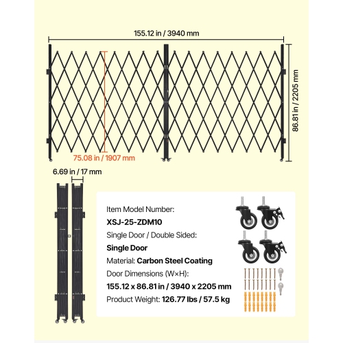 VEVOR 155.12 x 86.81 in Double Folding Security Gate, Lockable Scissor Gate with 360° Swivel Casters, Outdoor Barricade Steel Retractable Gates, for