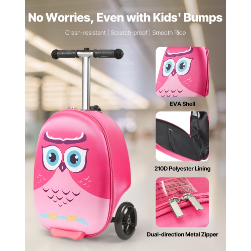 VEVOR 20 L Capacity Ride-on Luggage, 20 Inches Kids Scooter Suitcase with Flash PU Wheels, Adjustable Handle & TPR Non-Slip Grip, Lightweight Scooter