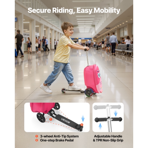 VEVOR 20 L Capacity Ride-on Luggage, 20 Inches Kids Scooter Suitcase with Flash PU Wheels, Adjustable Handle & TPR Non-Slip Grip, Lightweight Scooter