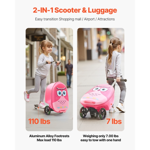 VEVOR 20 L Capacity Ride-on Luggage, 20 Inches Kids Scooter Suitcase with Flash PU Wheels, Adjustable Handle & TPR Non-Slip Grip, Lightweight Scooter