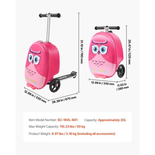 VEVOR 20 L Capacity Ride-on Luggage, 20 Inches Kids Scooter Suitcase with Flash PU Wheels, Adjustable Handle & TPR Non-Slip Grip, Lightweight Scooter