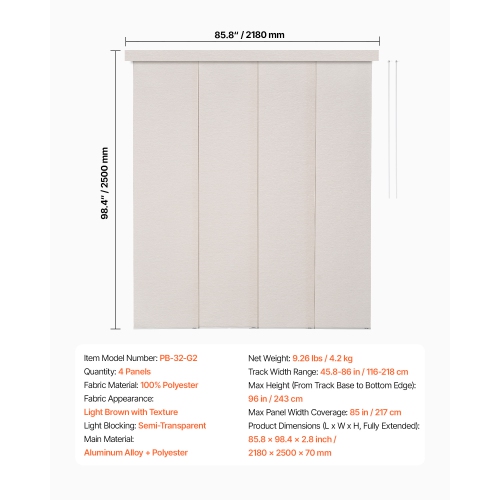 VEVOR 45.8 in to 86 in W Panel Track Blinds, Trimmable Panel Curtains Up to 96 in H, Adjustable Vertical Panel Blinds for Sliding Doors, Patio Doors,