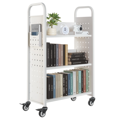 VEVOR 330 lbs Capacity Rolling Library Book Cart, 30.3 x 15 x 48.0-Inch Library Cart, Single Sided L-Shaped Shelves with 3-Inch Lockable Wheels, Book