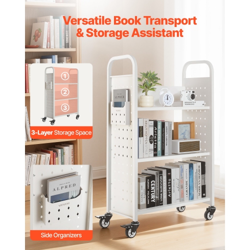 VEVOR 330 lbs Capacity Rolling Library Book Cart, 30.3 x 15 x 48.0-Inch Library Cart, Single Sided L-Shaped Shelves with 3-Inch Lockable Wheels, Book