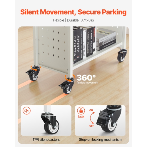 VEVOR 330 lbs Capacity Rolling Library Book Cart, 30.3 x 15 x 48.0-Inch Library Cart, Single Sided L-Shaped Shelves with 3-Inch Lockable Wheels, Book