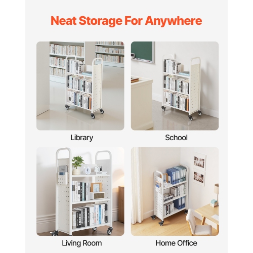 VEVOR 330 lbs Capacity Rolling Library Book Cart, 30.3 x 15 x 48.0-Inch Library Cart, Single Sided L-Shaped Shelves with 3-Inch Lockable Wheels, Book