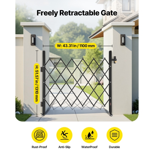 VEVOR 43.31 x 51.57 in Single Folding Security Gate, Lockable Scissor Gate with 360°Swivel Casters, Outdoor Barricade Steel Retractable Gates, for
