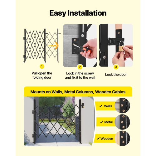 VEVOR 43.31 x 51.57 in Single Folding Security Gate, Lockable Scissor Gate with 360°Swivel Casters, Outdoor Barricade Steel Retractable Gates, for
