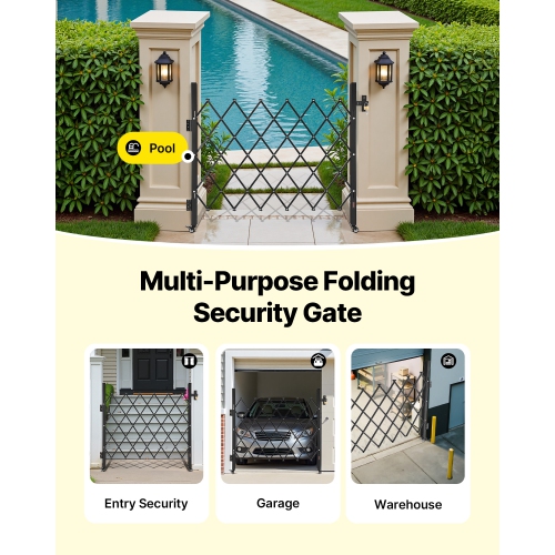 VEVOR 43.31 x 51.57 in Single Folding Security Gate, Lockable Scissor Gate with 360°Swivel Casters, Outdoor Barricade Steel Retractable Gates, for