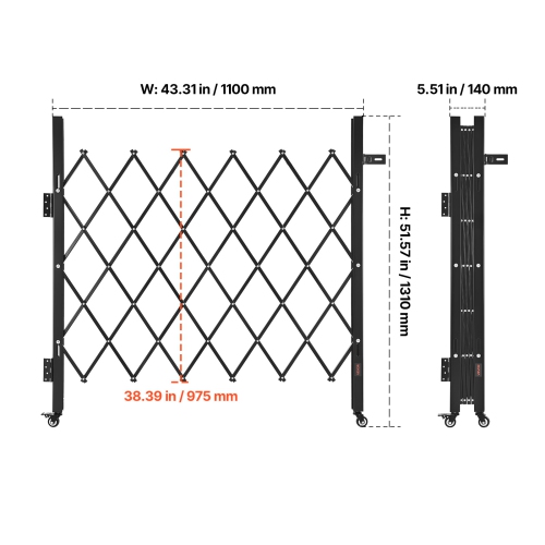 VEVOR 43.31 x 51.57 in Single Folding Security Gate, Lockable Scissor Gate with 360°Swivel Casters, Outdoor Barricade Steel Retractable Gates, for