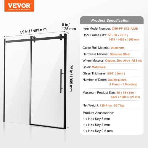 VEVOR 58-59 W x 75 H in Frameless Shower Door, Shower Sliding Glass Door with 5/16 in(8mm) Clear SGCC Tempered Glass, Waterproof Shatterproof