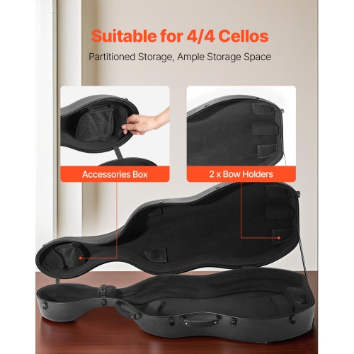 Étui en sac cello pleine grandeur VEVOR 4/4, fibre de carbone composite, sac de transport portatif léger, doublure pelucheuse, deux bretelles,