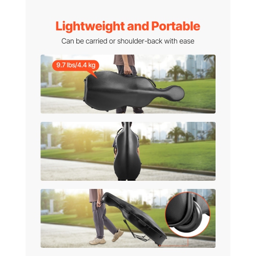 Étui en sac cello pleine grandeur VEVOR 4/4, fibre de carbone composite, sac de transport portatif léger, doublure pelucheuse, deux bretelles,