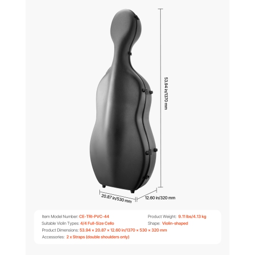 Étui en sac cello pleine grandeur VEVOR 4/4, fibre de carbone composite, sac de transport portatif léger, doublure pelucheuse, deux bretelles,