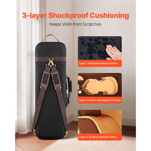 Étui pour violon VEVOR 4/4 pleine grandeur, hygromètre intégré, sac de transport portatif léger, doublure moelleuse, bretelles, antirayure, forme
