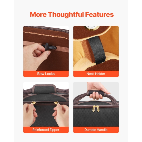 Étui pour violon VEVOR 4/4 pleine grandeur, hygromètre intégré, sac de transport portatif léger, doublure moelleuse, bretelles, antirayure, forme