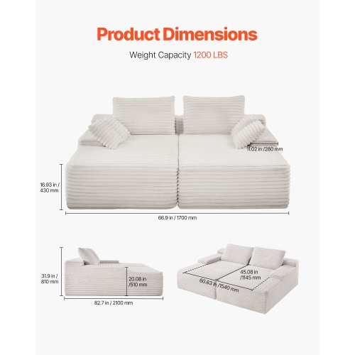 VEVOR 82.7-Inch Oversized Double Chaise Lounge, Corduroy Fabric Sectional Sofa, Cozy Deep Seat Loveseat Sofa with Soft Cushions and Throw Pillows for