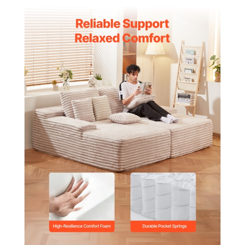 VEVOR 82.7-Inch Oversized Double Chaise Lounge, Corduroy Fabric Sectional Sofa, Cozy Deep Seat Loveseat Sofa with Soft Cushions and Throw Pillows for