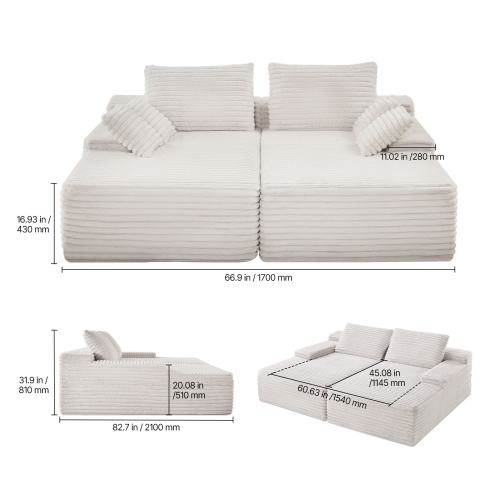 VEVOR 82.7-Inch Oversized Double Chaise Lounge, Corduroy Fabric Sectional Sofa, Cozy Deep Seat Loveseat Sofa with Soft Cushions and Throw Pillows for