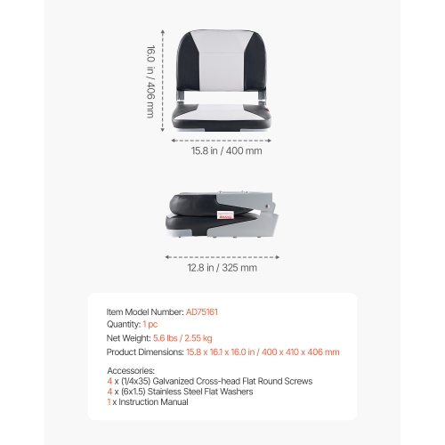 VEVOR Boat Seat, Low Backrest, Folding Fishing Boat Seat with Thickened Sponge Cushion & Waterproof PVC Leather, Aluminum Alloy Hinges, Flip Up Boat