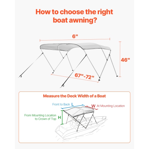 VEVOR 3 Bow Boat Bimini Tops, 600D Polyester Canopy with Aluminum Alloy Frame, Waterproof & Sun Shade Boat Awning Canopy, 2 Support Poles, 4 Straps,