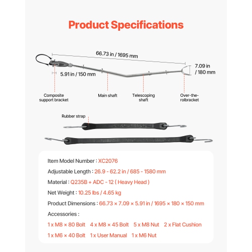 VEVOR 26.9-62.2 in Transom Saver, Adjustable Boat Transom Saver with Heavy-Duty Head, Corrosion-Resistant Easy-to-Install Transom Savers for Less