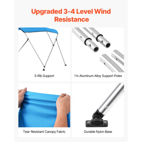 VEVOR 3 Bow Boat Bimini Tops, 600D Polyester Canopy with Aluminum Alloy Frame, Waterproof & Sun Shade Boat Awning Canopy,2 Support Poles,4