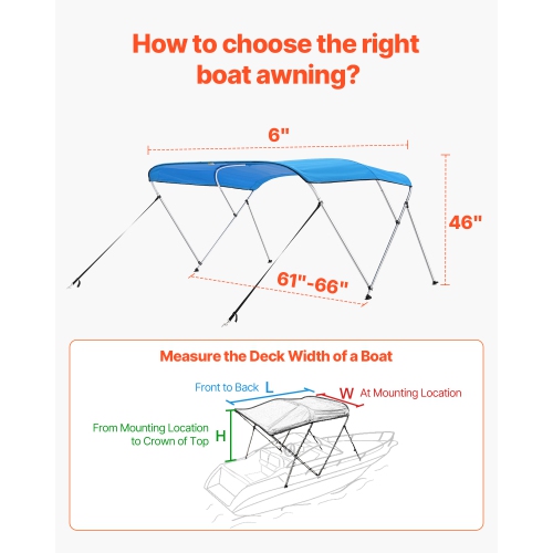VEVOR 3 Bow Boat Bimini Tops, 600D Polyester Canopy with Aluminum Alloy Frame, Waterproof & Sun Shade Boat Awning Canopy,2 Support Poles,4